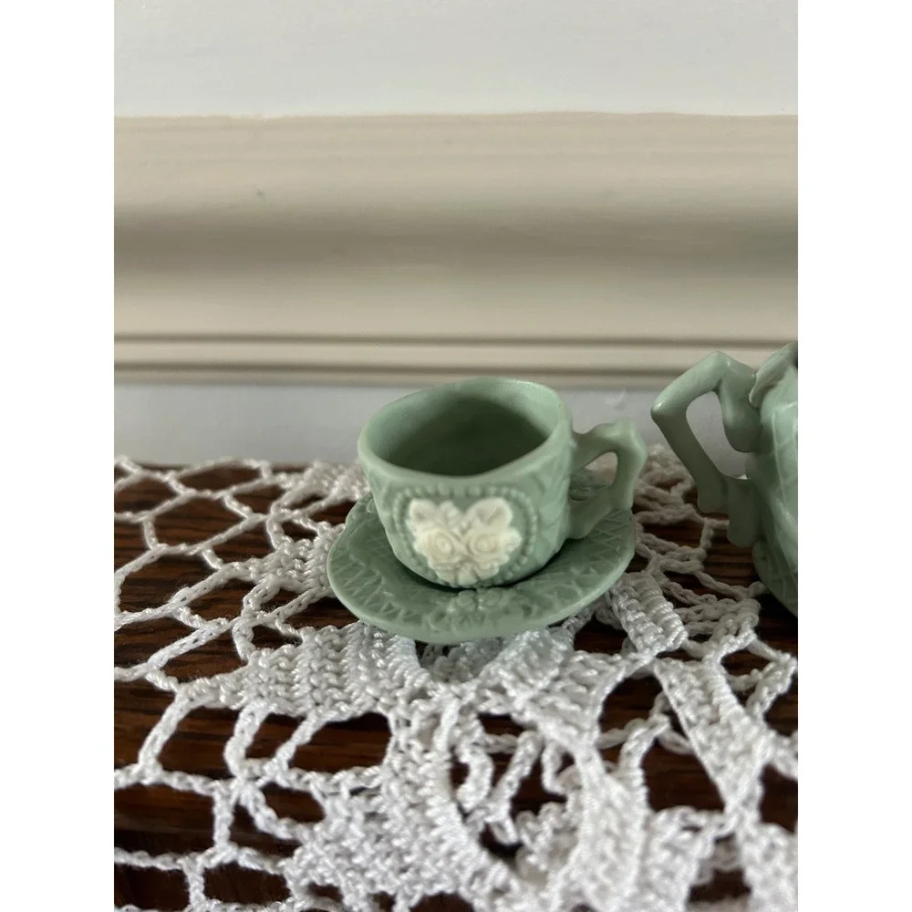Miniature Sage Green Jasperware Style Tea Set Floral Bas-Relief 9pc Collection